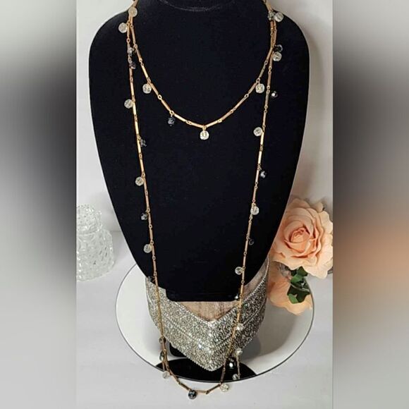 Vintage Gold Lucite floating beaded bar link double necklace - Picture 6 of 14